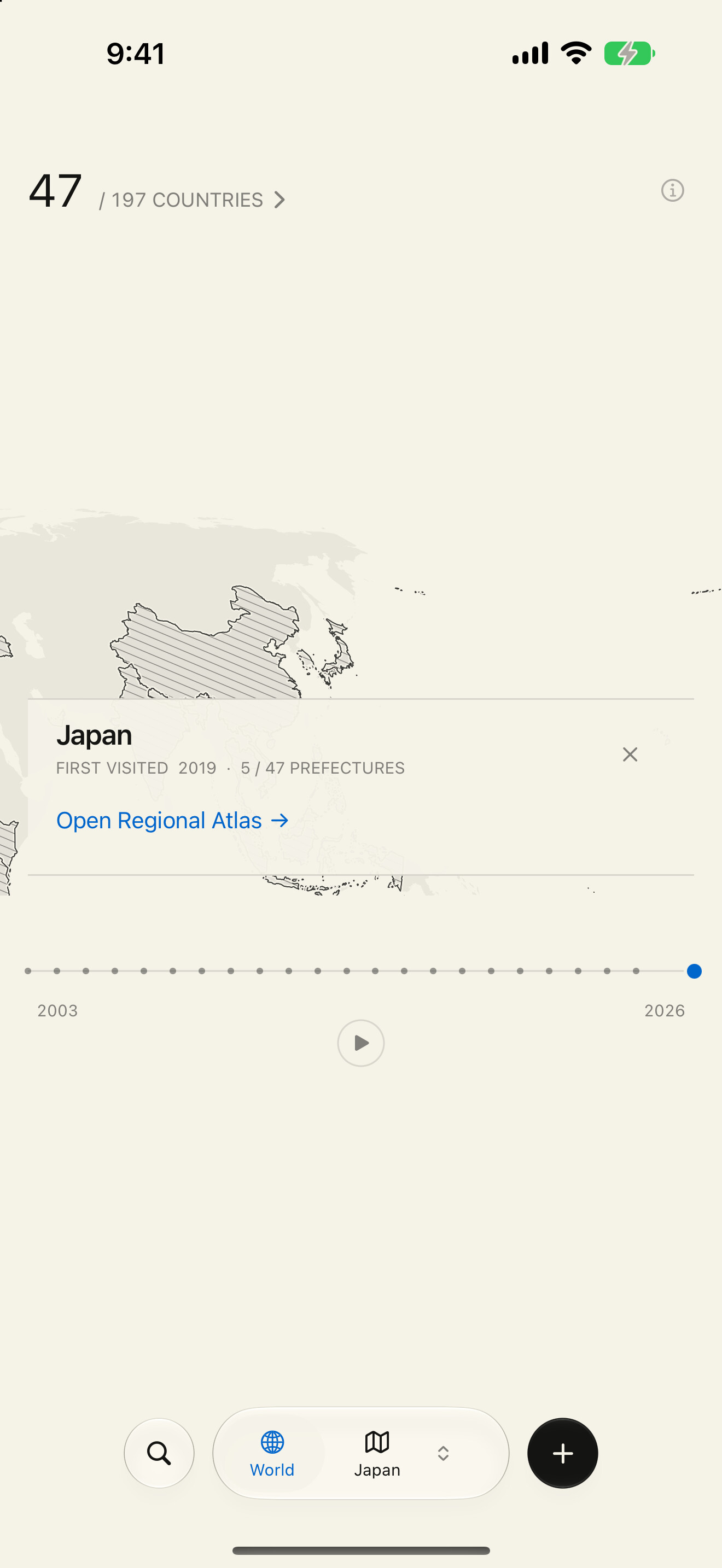 Japan selected on the world Atlas with regional coverage and a clear next action